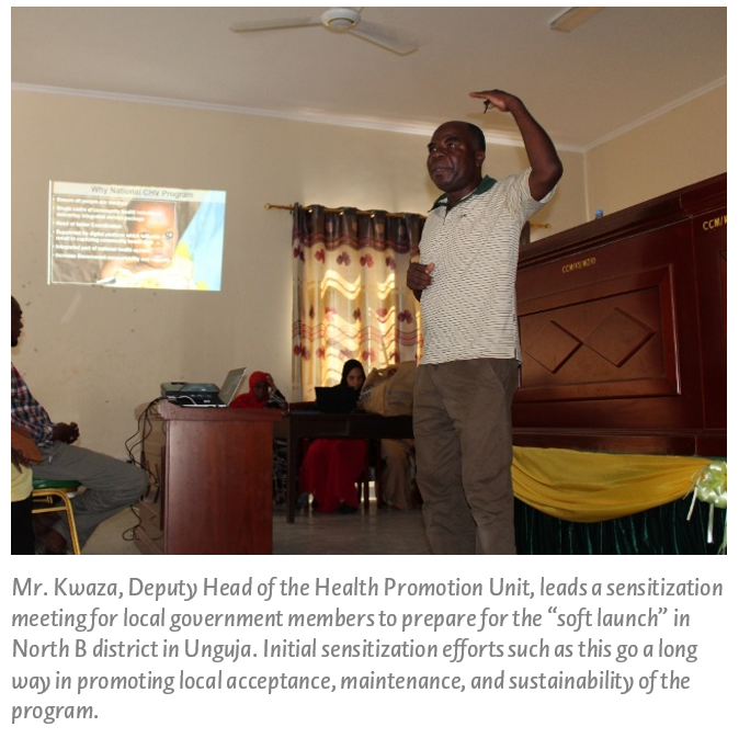 Mr. Kwaza, Deputy Head of the Health Promotion Unit, leads a sensitization meeting for local government members to prepare for the “soft launch” in North B district in Unguja. Initial sensitization efforts such as this go a long way in promoting local acceptance, maintenance, and sustainability of the program.